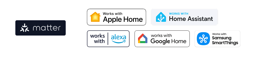 Tương thích với Matter, Apple Home, Home Assistant, Alexa, Google Home và Samsung SmartThings